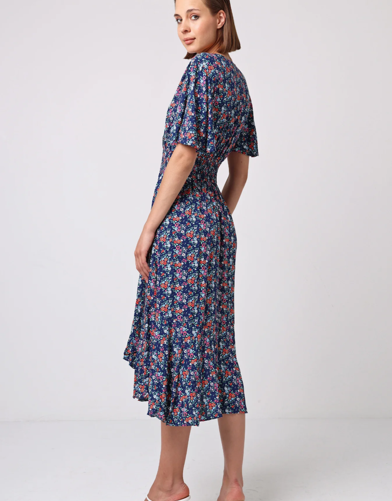 Angel Eye Paige Flutter Sleeve Midi Dress in Navy Floral
