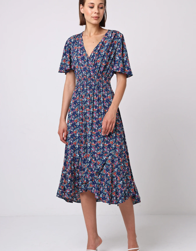 Angel Eye Paige Flutter Sleeve Midi Dress in Navy Floral