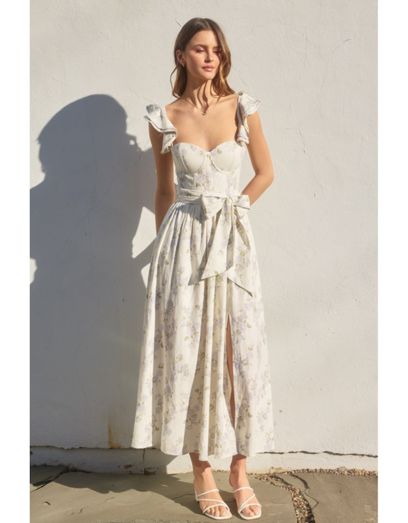 Dress Forum Say Nothing Bustier Flutter Sleeve Midi Dress in Dreamy Blues Floral