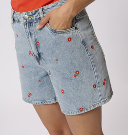 Kaffe Babeth Denim Shorts with Red Flower Embroidery