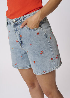 Kaffe Babeth Denim Shorts with Red Flower Embroidery