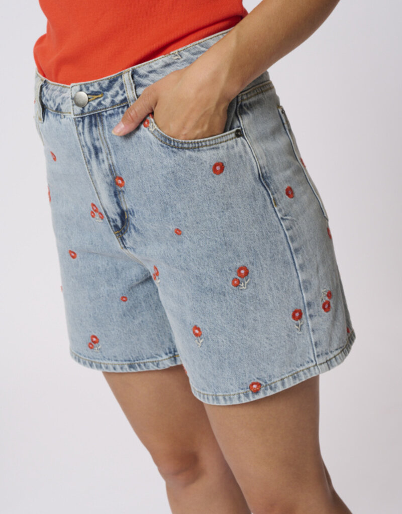 Kaffe Babeth Denim Shorts with Red Embroidery