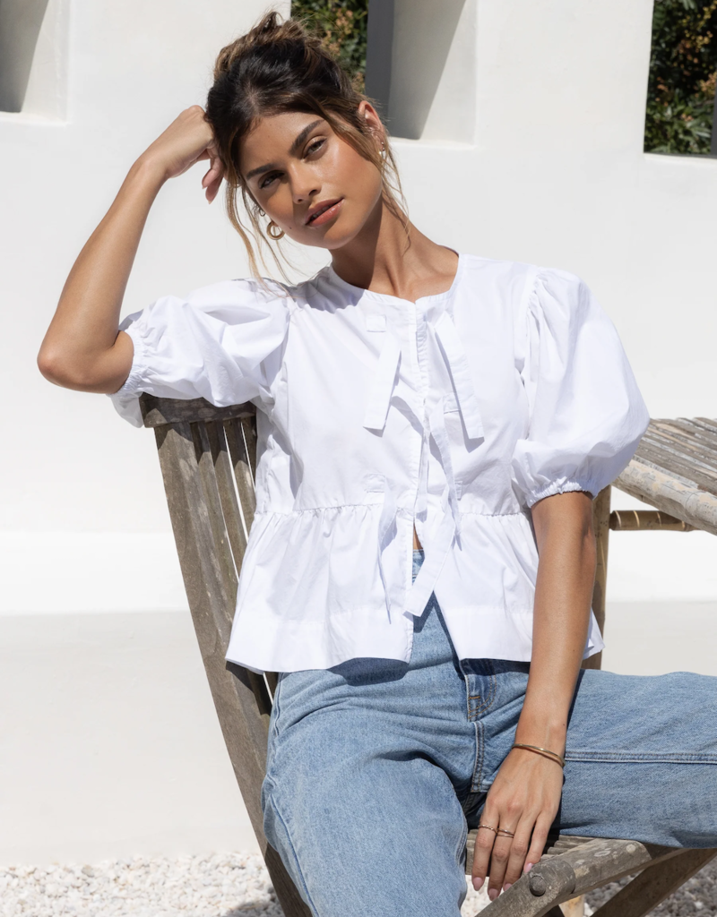 Velvet Heart Lamont Puff Sleeve Bow Blouse in Optic White