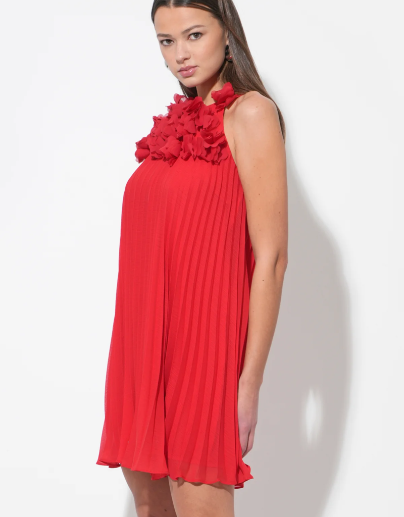 Adelyn Rae Corey Halter Pleated Dress with 3D Floral Applique