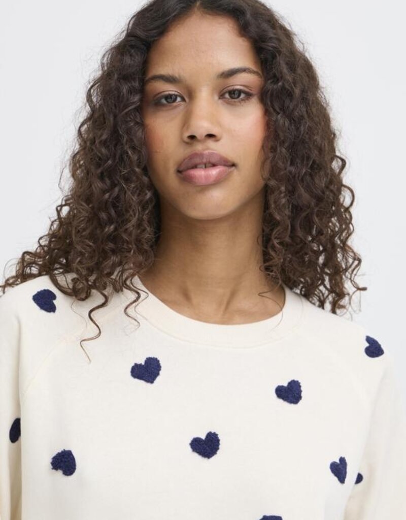 ICHI Kasura 100% Cotton Knit Sweater in Patriot Blue Hearts