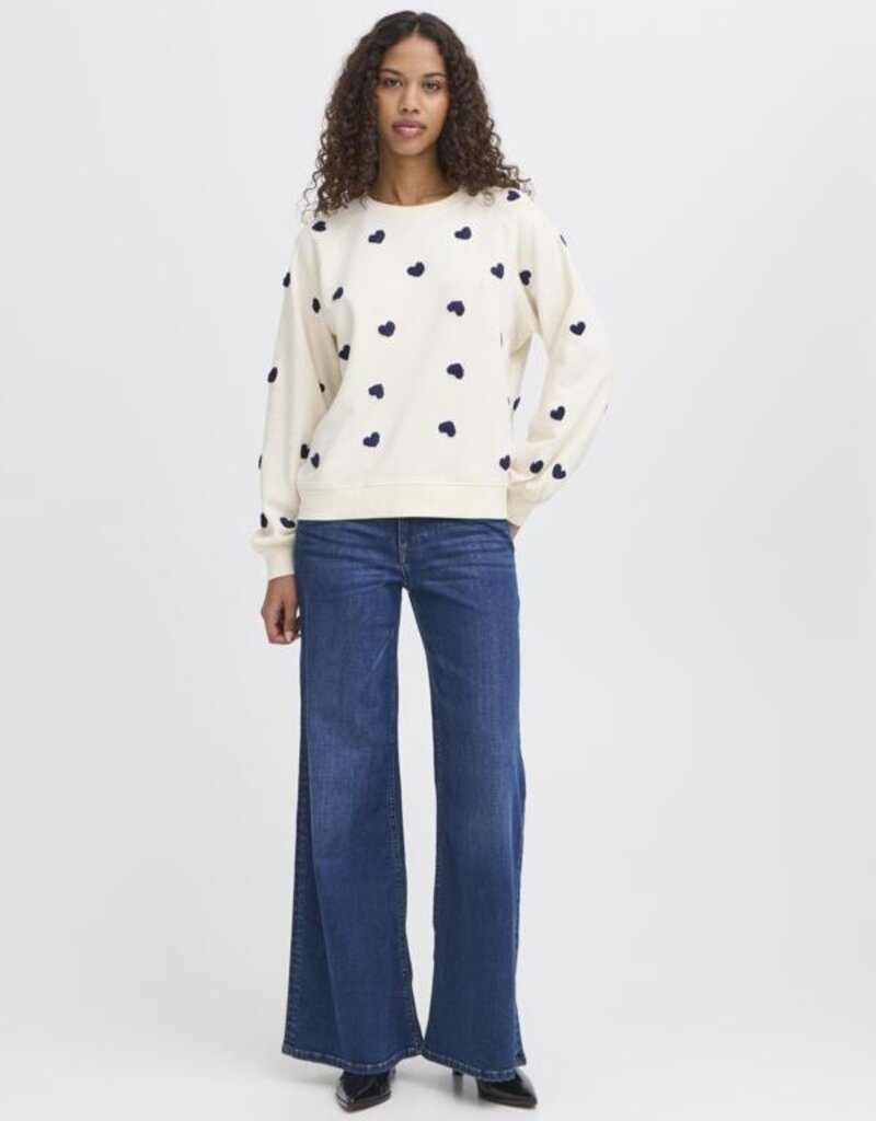 ICHI Kasura 100% Cotton Knit Sweater in Patriot Blue Hearts
