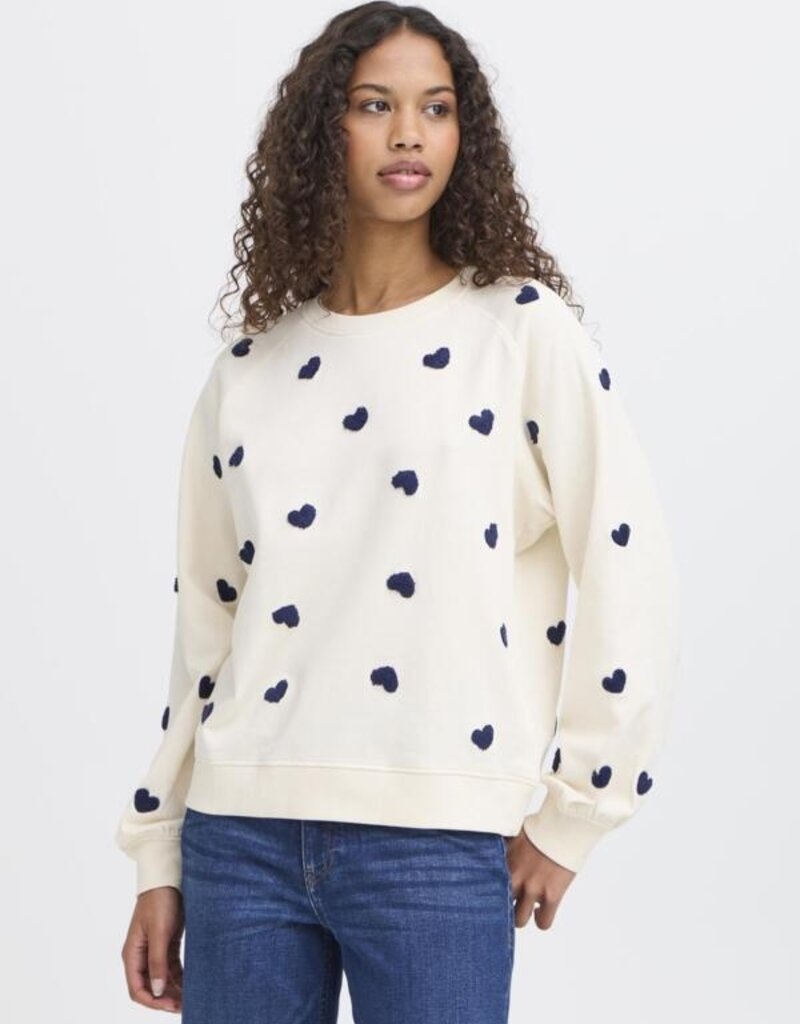 ICHI Kasura 100% Cotton Knit Sweater in Patriot Blue Hearts