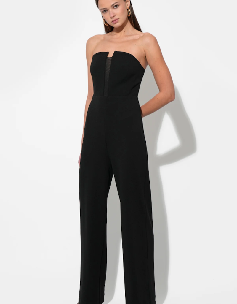 Adelyn Rae Donna Stretch Crepe Jumpsuit with Contrast Mesh in Black