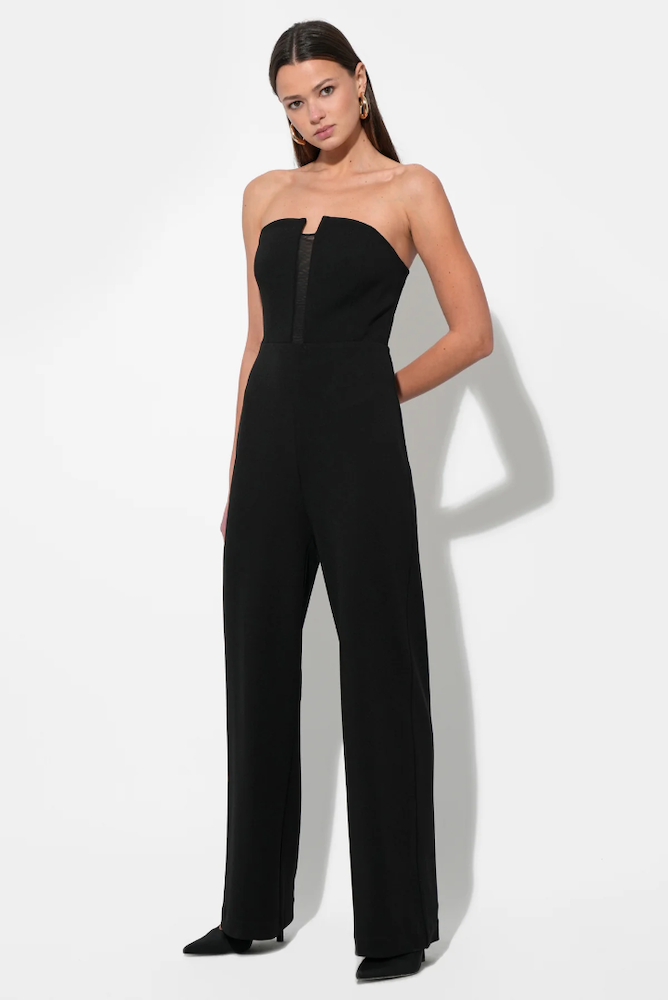 Donna Stretch Crepe Jumpsuit with Contrast Mesh in Black - Adorn