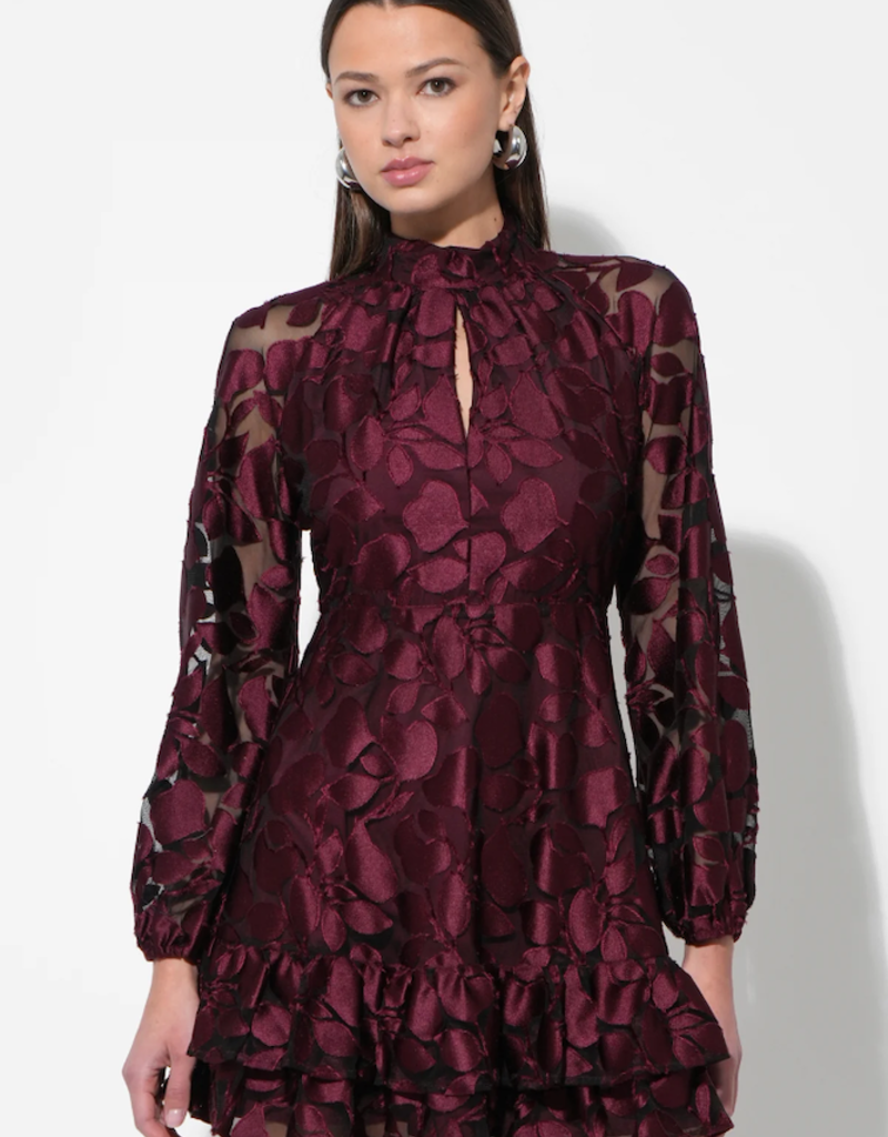 Adelyn Rae Elinor Velvet Burnout Mock Neck Fit and Flare Mini Dress in Wine
