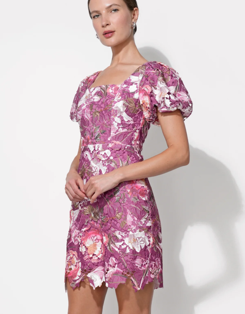 Adelyn Rae Maybelle Floral Lace Puff Sleeve Mini Dress in Magenta