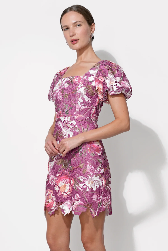 Maybelle Floral Lace Puff Sleeve Mini Dress in Magenta - Adorn