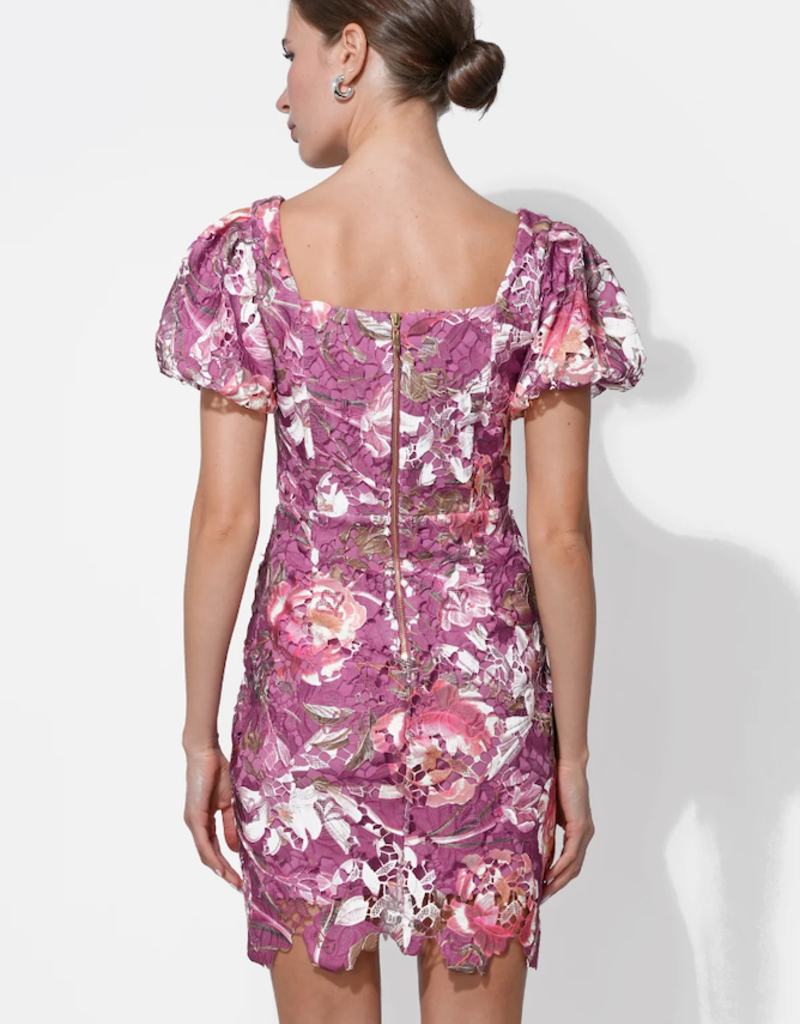 Adelyn Rae Maybelle Floral Lace Puff Sleeve Mini Dress in Magenta