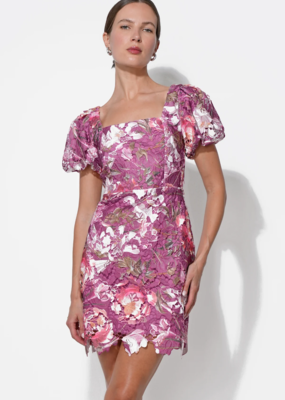 Adelyn Rae Maybelle Floral Lace Puff Sleeve Mini Dress in Magenta