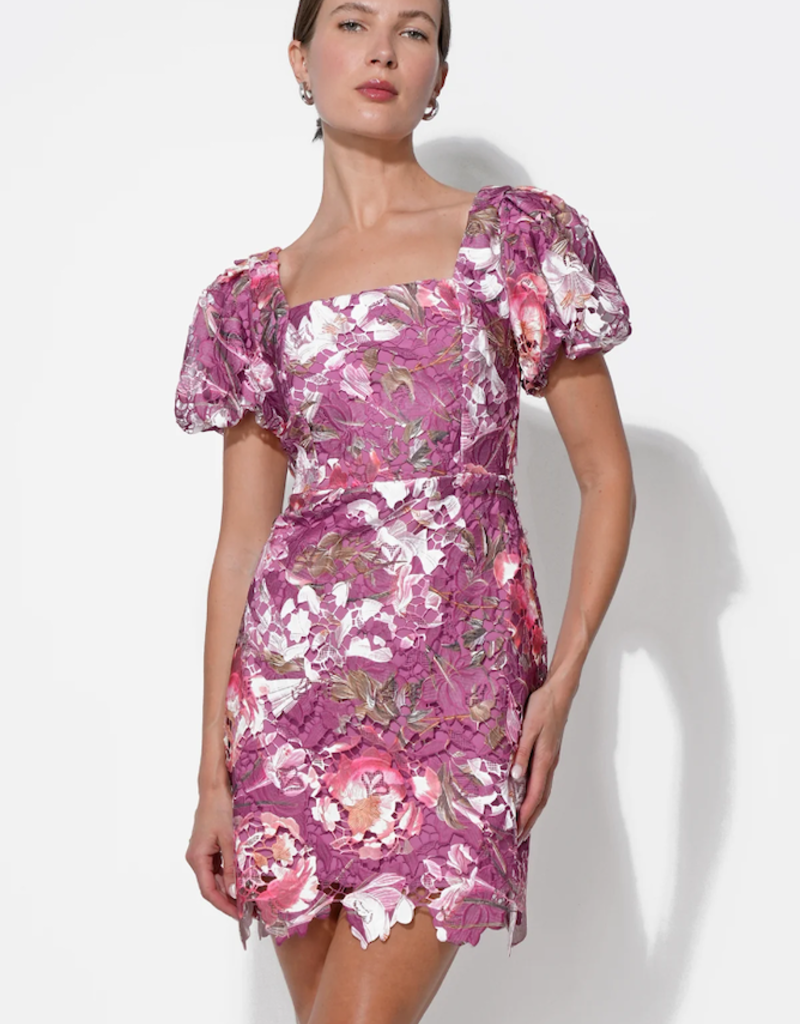 Adelyn Rae Maybelle Floral Lace Puff Sleeve Mini Dress in Magenta
