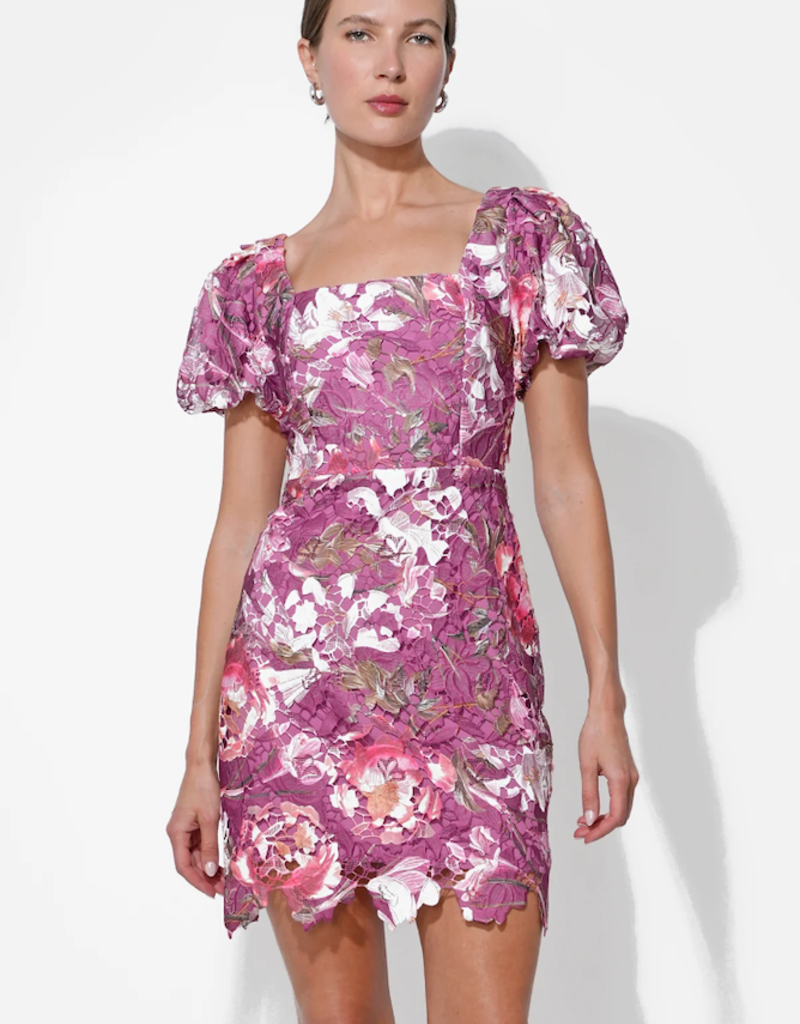 Adelyn Rae Maybelle Floral Lace Puff Sleeve Mini Dress in Magenta