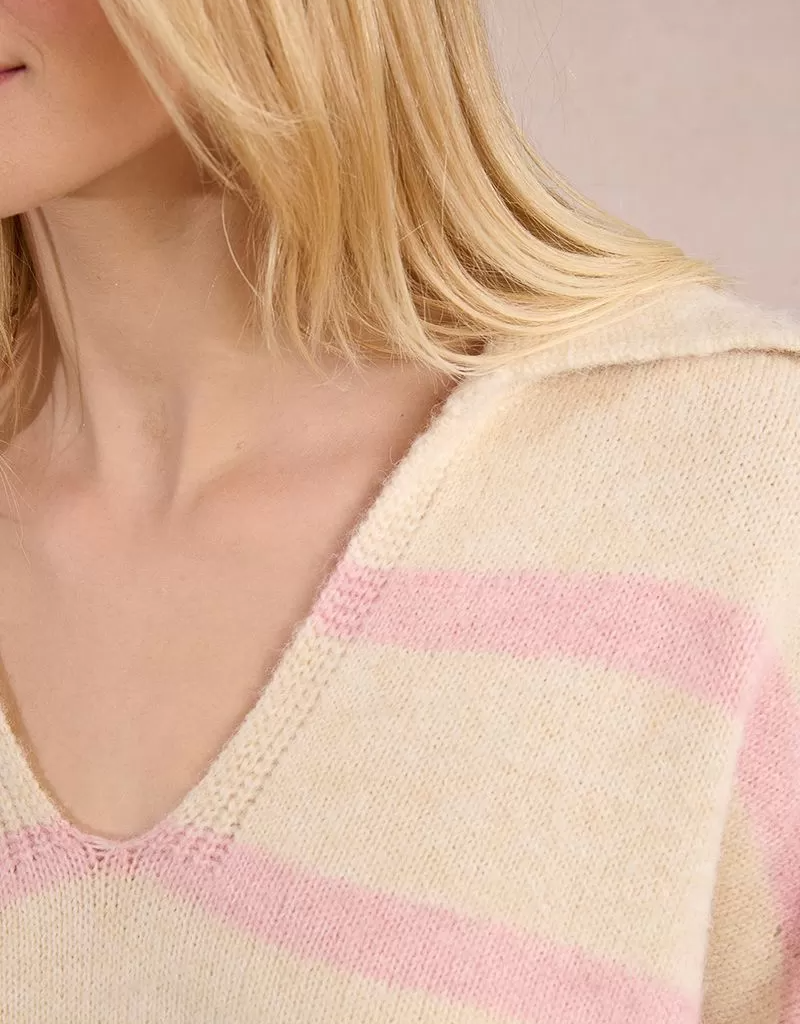 Molly Bracken Aero Polo Collar Sweater in Off White and Pink Stripe