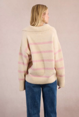 Molly Bracken Aero Polo Collar Sweater in Off White and Pink Stripe