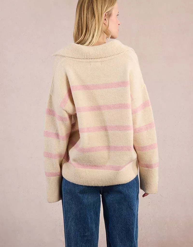 Molly Bracken Aero Polo Collar Sweater in Off White and Pink Stripe