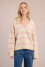 Molly Bracken Aero Polo Collar Sweater in Off White and Pink Stripe
