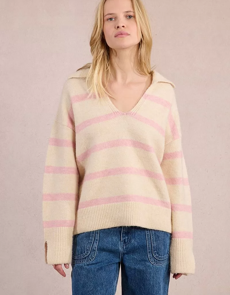 Molly Bracken Aero Polo Collar Sweater in Off White and Pink Stripe