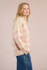 Molly Bracken Aero Polo Collar Sweater in Off White and Pink Stripe