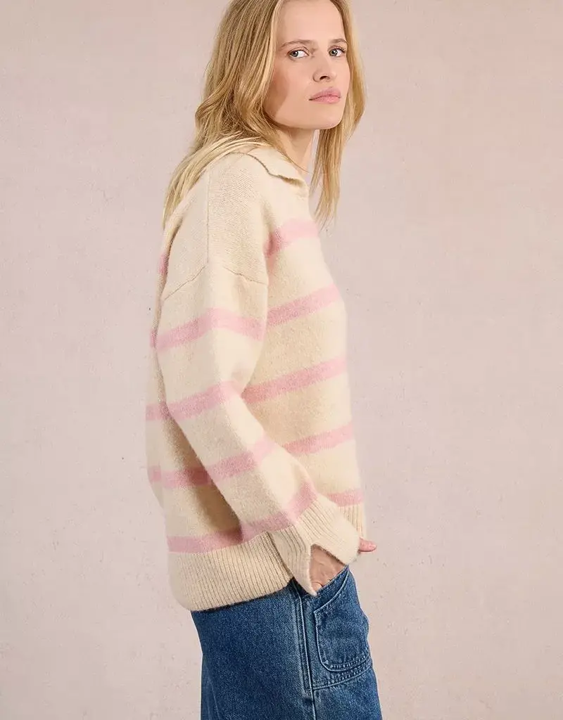 Molly Bracken Aero Polo Collar Sweater in Off White and Pink Stripe