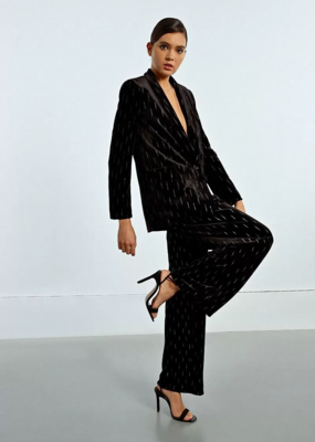 Molly Bracken Pandora Embellished Velvet Trousers with Silver Glitter