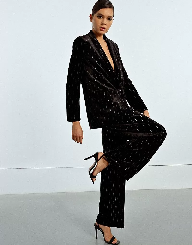 Molly Bracken Pandora Black Velvet Drawstring Trousers with Silver Detail