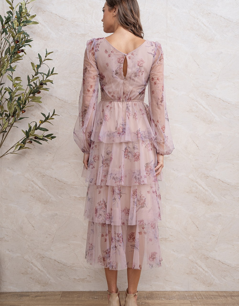 Soieblu Dillon Tiered Chiffon Dress in Mocha Rose Floral