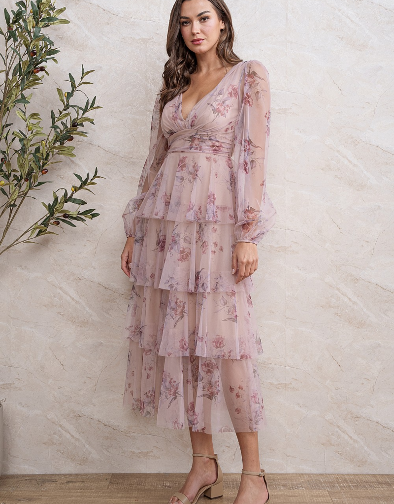 Soieblu Dillon Tiered Chiffon Dress in Mocha Rose Floral