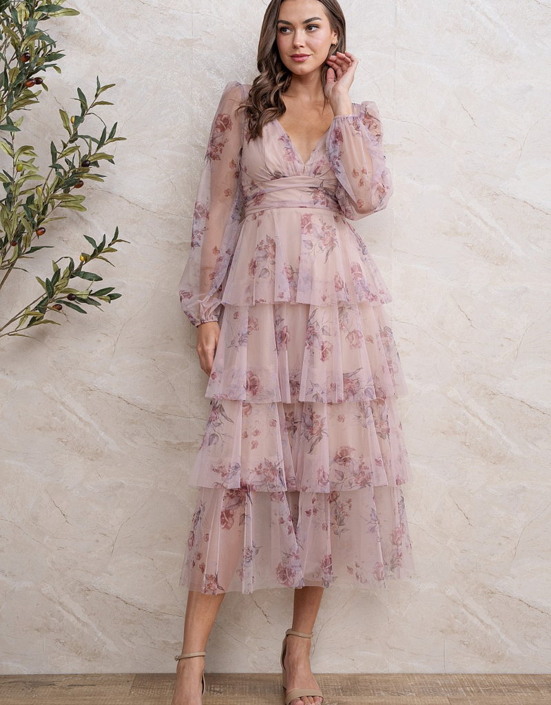 Soieblu Dillon Tiered Chiffon Dress in Mocha Rose Floral