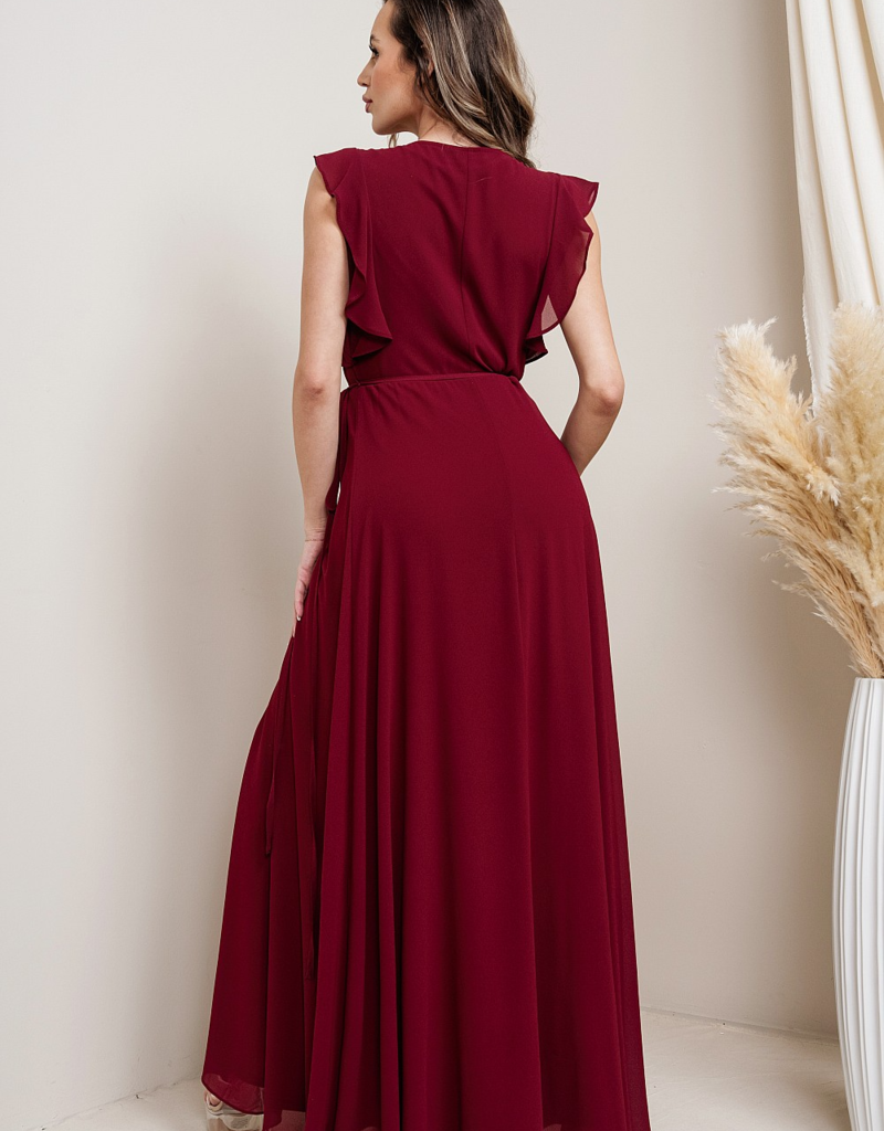 Soieblu Flutter Sleeve Maxi Dress in Wine Red