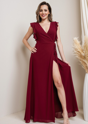 Soieblu Flutter Sleeve Maxi Dress in Wine Red **Medium**