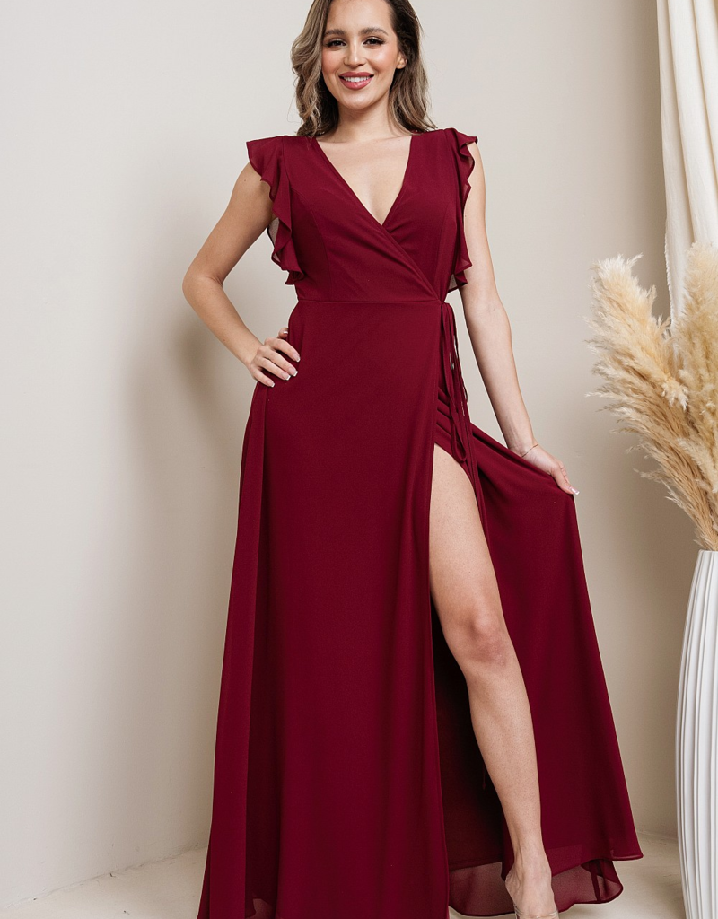 Soieblu Flutter Sleeve Maxi Dress in Wine Red