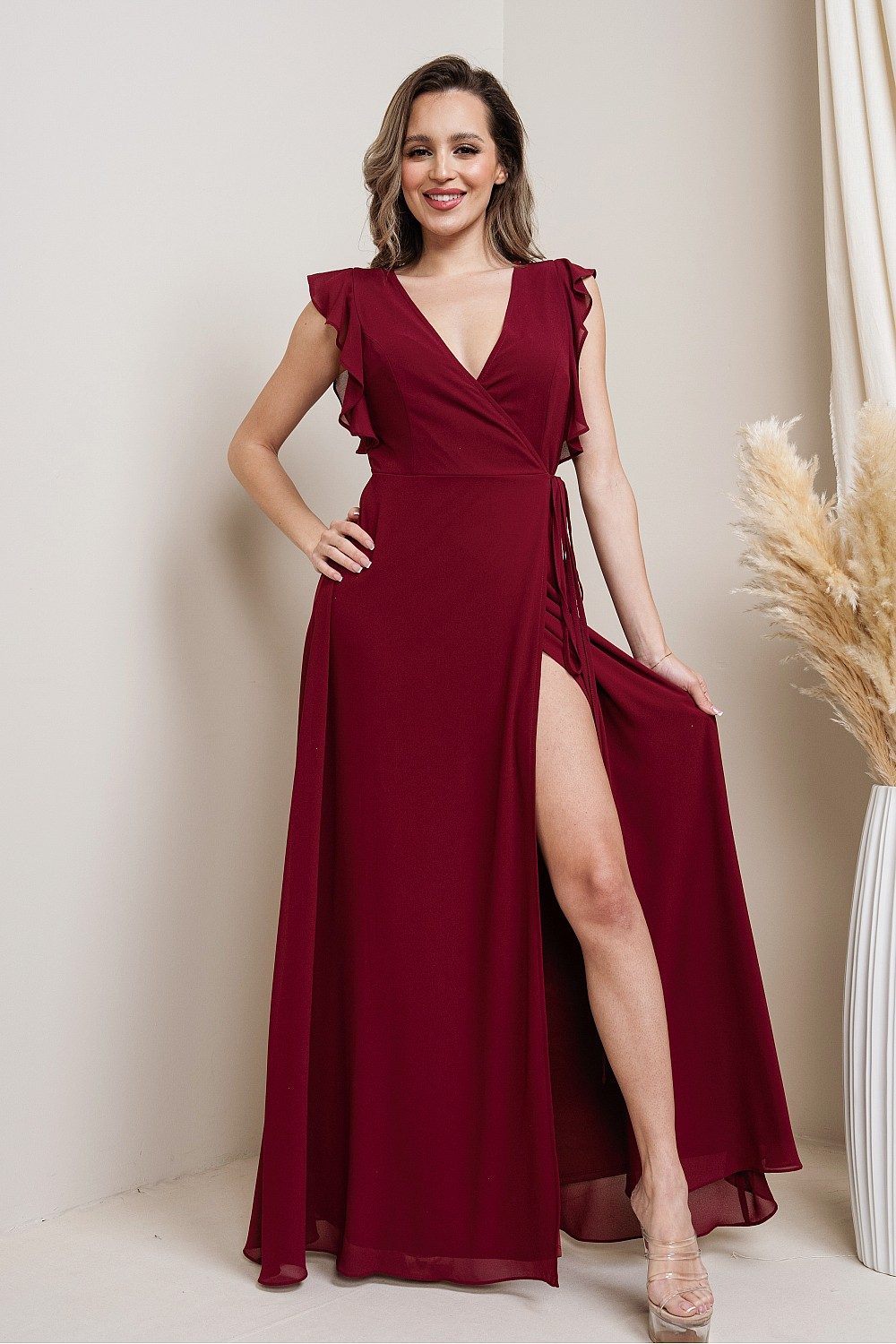 Riu Petal sleeve slit dress ワイン Flutter Sleeve Maxi Dress in Wine Red - Adorn Boutique