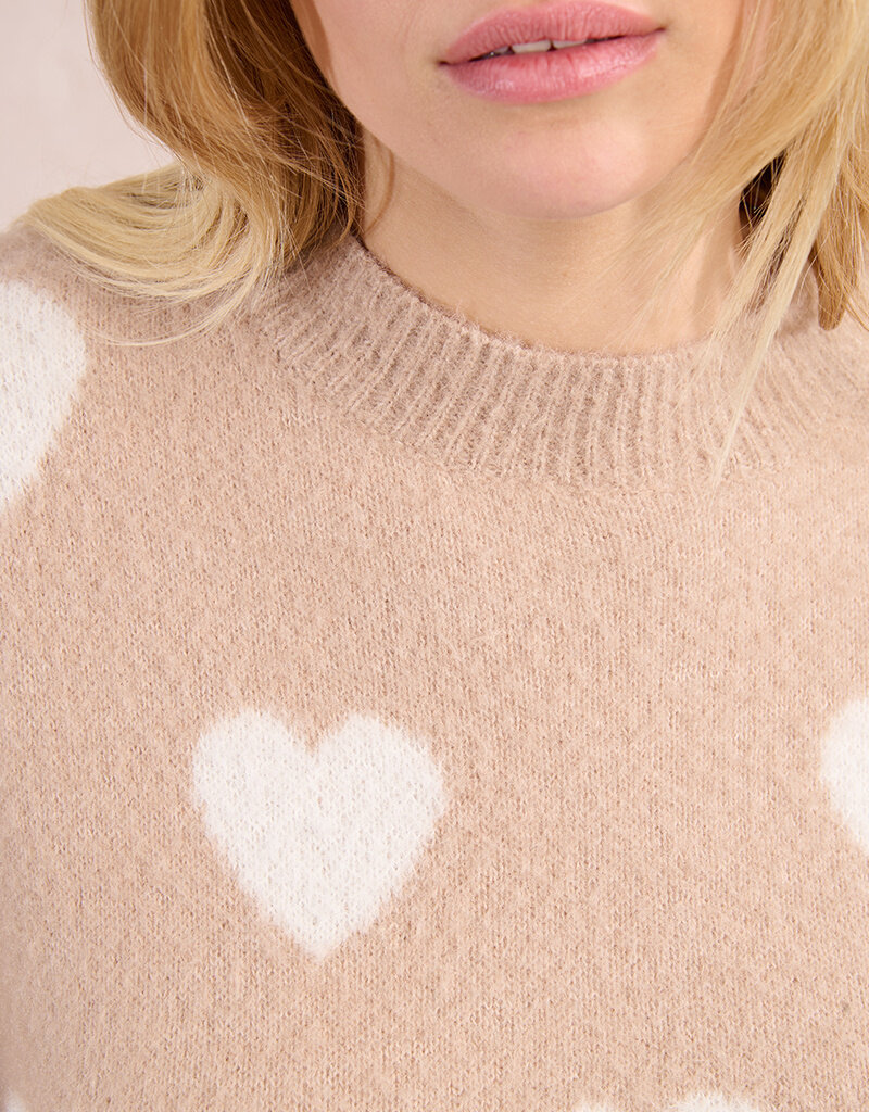 Molly Bracken Winsome Fuzzy Heart Pullover Sweater in Beige
