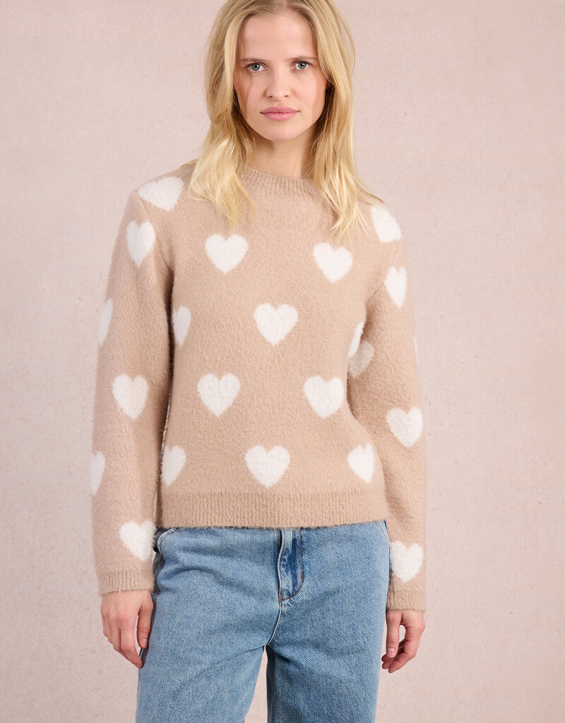 Molly Bracken Winsome Fuzzy Heart Pullover Sweater in Beige