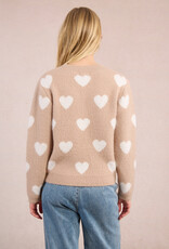 Molly Bracken Winsome Fuzzy Heart Pullover Sweater in Beige
