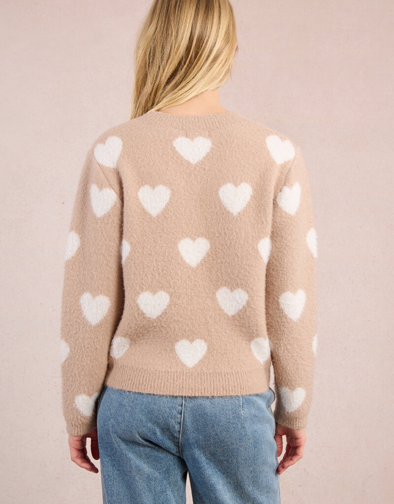 Molly Bracken Winsome Fuzzy Heart Pullover Sweater in Beige