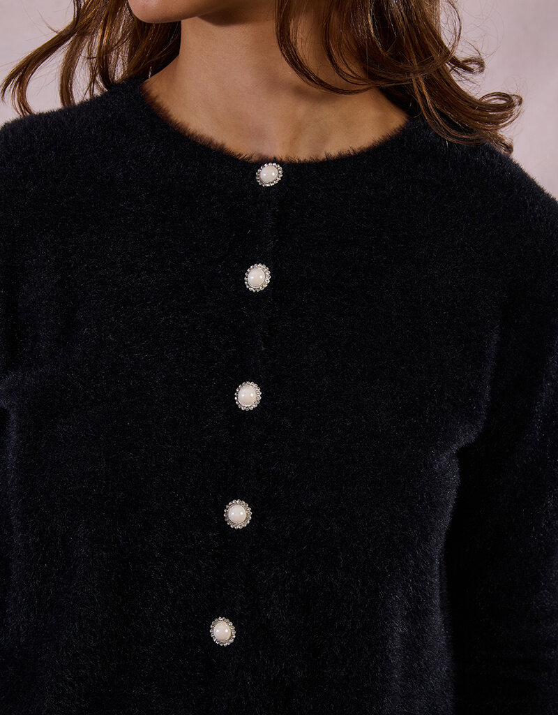 Molly Bracken Marcy Fuzzy Knit Cardigan in Black