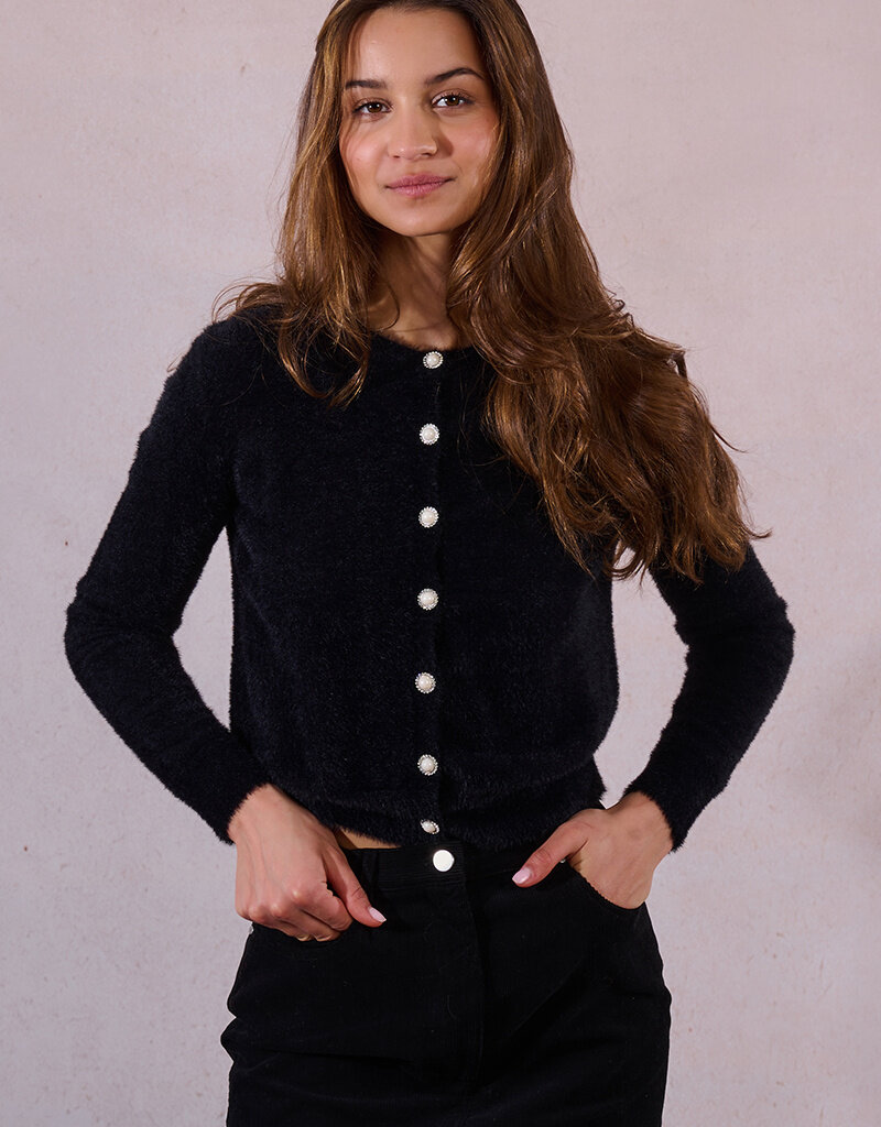 Molly Bracken Marcy Fuzzy Knit Cardigan in Black