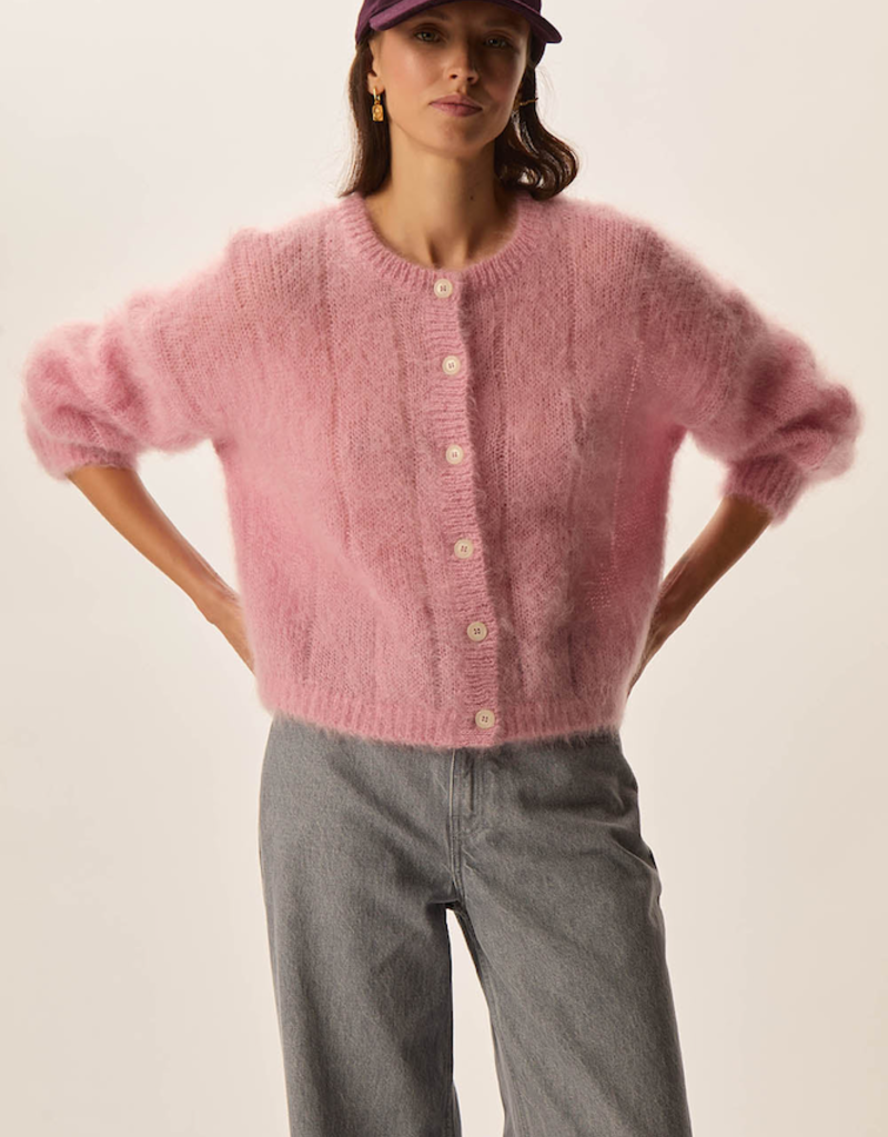Des Petits Hauts Chouette Mohair and Merino Cardigan in Pommette Pink