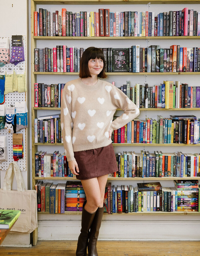 Molly Bracken Winsome Fuzzy Heart Pullover Sweater in Beige