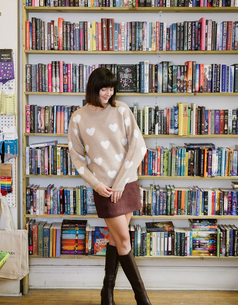 Molly Bracken Winsome Fuzzy Heart Pullover Sweater in Beige