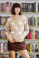 Molly Bracken Winsome Fuzzy Heart Pullover Sweater in Beige