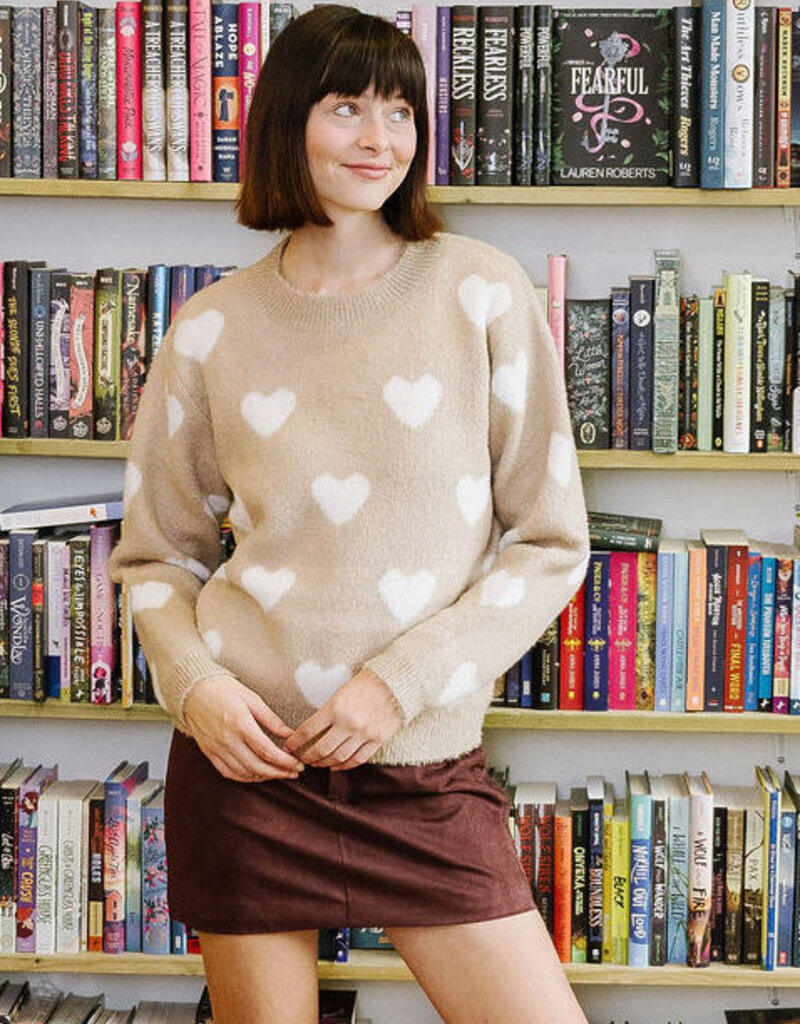 Molly Bracken Winsome Fuzzy Heart Pullover Sweater in Beige