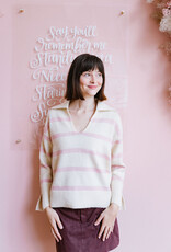 Molly Bracken Aero Polo Collar Sweater in Off White and Pink Stripe