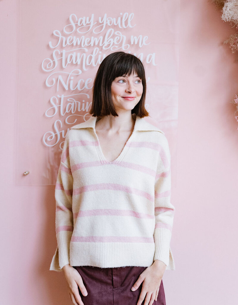 Molly Bracken Aero Polo Collar Sweater in Off White and Pink Stripe
