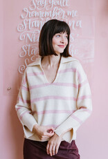 Molly Bracken Aero Polo Collar Sweater in Off White and Pink Stripe